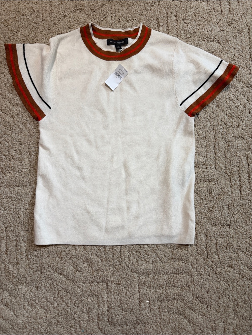 Banana Republic Cream Short-Sleeve Knit Top with Orange and Black Trim